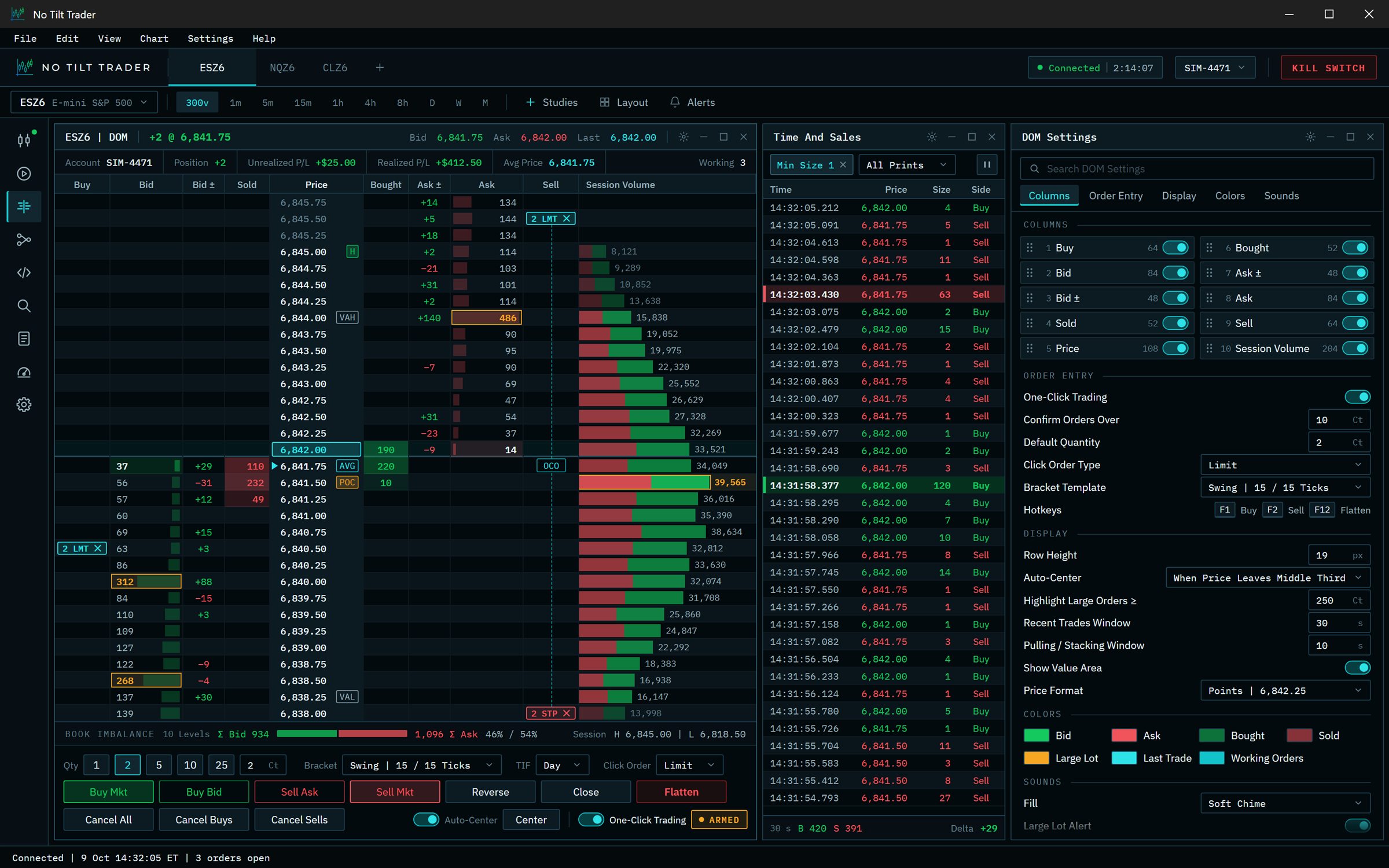 The DOM: price ladder with depth, pulling and stacking, trades at bid and offer, session volume, working orders with an OCO bracket, time and sales and the DOM settings