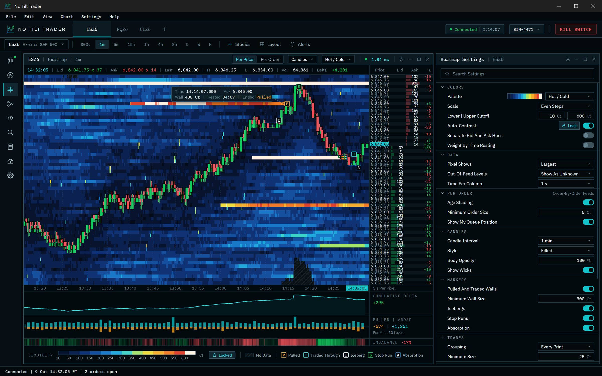 A liquidity heatmap: resting orders over time in hot and cold colors with candles and trades, marked walls, a slim ladder, cumulative delta and pulled and added panels, and the heatmap settings